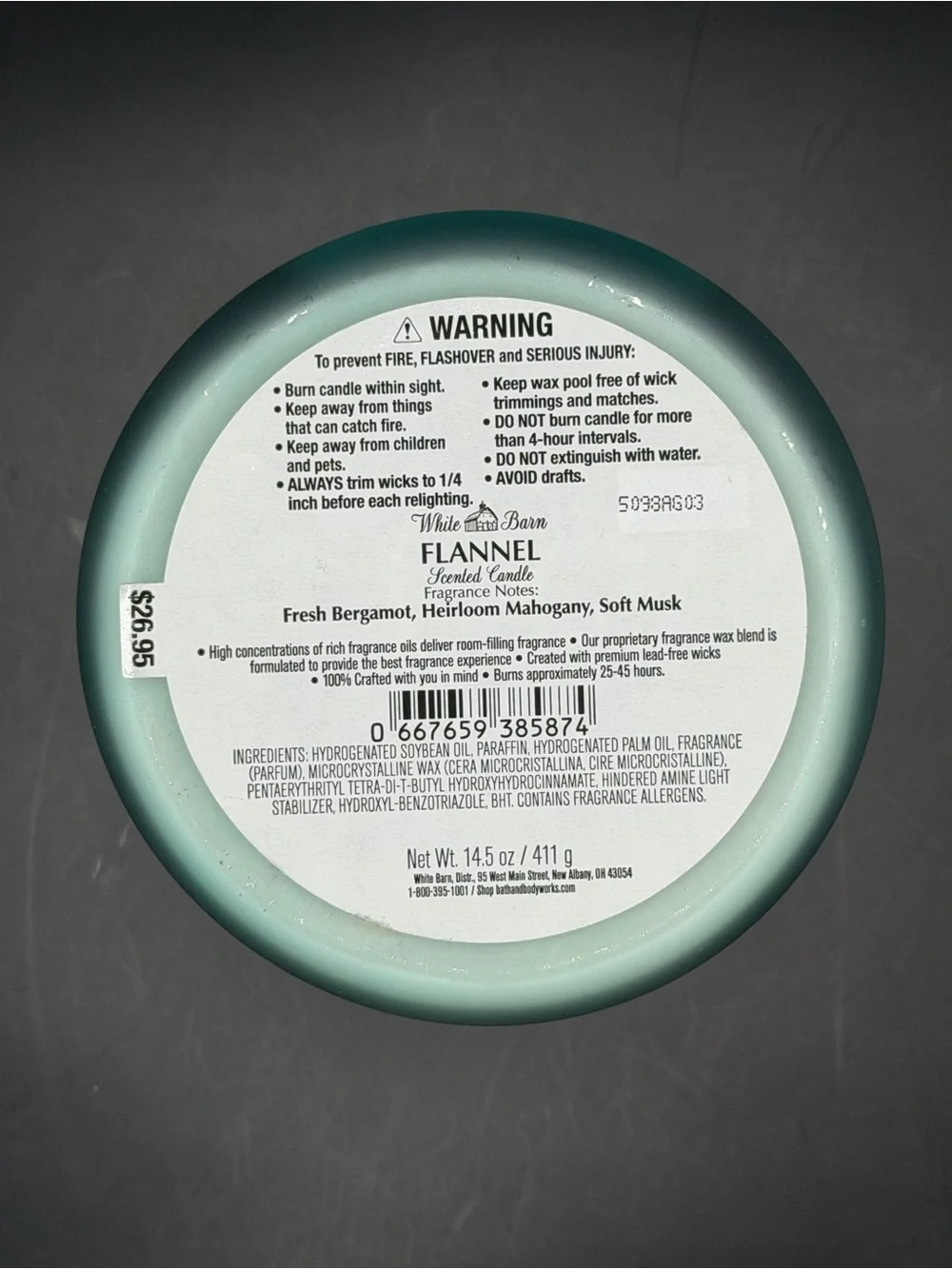 BBW/White Barn “Flannel” 3-Wick Soy Wax 14.5 OZ Candle - Teal Frosted Glass - Picture 5 of 5